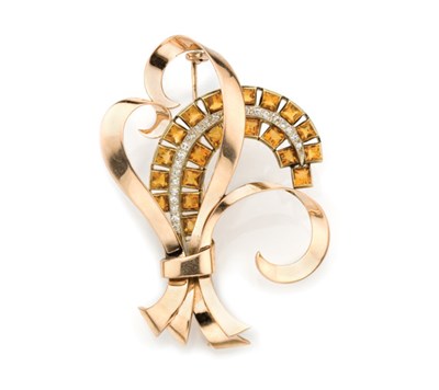 Lot 126 - Gold, Citrine and Diamond Bow Brooch