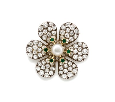 Lot 324 - Diamond, Button Cultured Pearl and Emerald Flower Brooch
