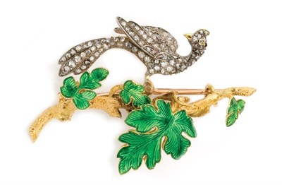 Lot 70 - Antique Gold, Silver, Diamond and Green Enamel Bird Brooch