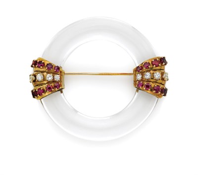 Lot 498 - Gold, Rock Crystal, Diamond and Ruby Circle Brooch