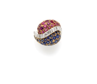 Lot 261 - Gold, Diamond, Ruby and Sapphire Bombe Crossover Ring