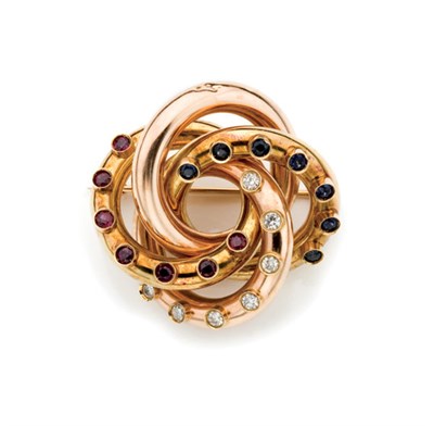 Lot 282 - Two-Color Gold, Diamond, Ruby and Sapphire Circle Brooch