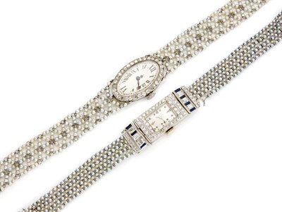 Lot 79 - Two Platinum, Seed Pearl and Diamond Wristwatches