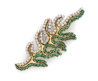 Lot 385 - Gold, Platinum, Diamond and Emerald Brooch