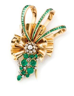 Lot 250 - Gold, Cabochon Emerald, Emerald and Diamond Bow Clip