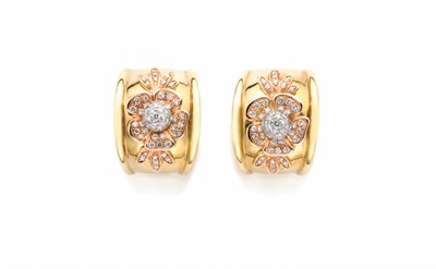 Lot 167 - Pair of Tricolor Gold and Diamond Half-Hoop Earrings