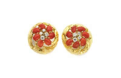 Lot 129 - Pair of Gold, Coral and Diamond Earrings