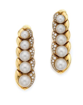Lot 368 - Pair of Gold, Cultured Pearl and Diamond Pendant-Earrings, Bulgari