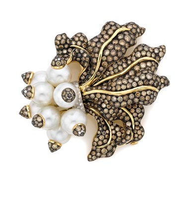 Lot 341 - Gold, Fresh Water Pearl and Brown Diamond Clip-Brooch