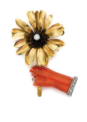 Lot 496 - Gold, Platinum, Carved Coral, Black Onyx and Diamond Flower Brooch