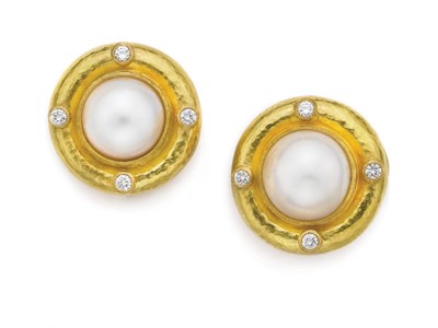 Lot 364 - Pair of Gold, Mabe Pearl and Diamond Earclips, Elizabeth Locke
