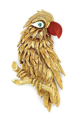 Lot 446 - Gold, Coral, Enamel and Emerald Bird Clip-Brooch