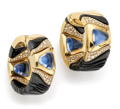 Lot 360 - Pair of Gold, Blackened Stainless Steel, Cabochon Sapphire and Diamond Hoop Earclips, Marina B