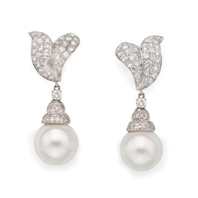 Lot 373 - Pair of Diamond and Cultured Pearl Pendant-Earrings
