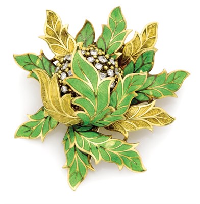 Lot 370 - Gold, Apple Green Enamel and Diamond Flower Clip-Brooch, Tiffany & Co.