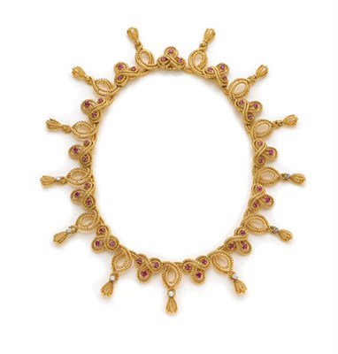 Lot 408 - Gold, Diamond and Ruby Fringe Necklace, Tiffany