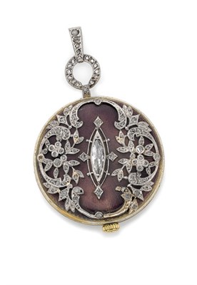 Lot 318 - Edwardian Platinum, Gold, Guilloche Purple Enamel and Diamond Pendant-Watch, Bailey, Banks & Biddle