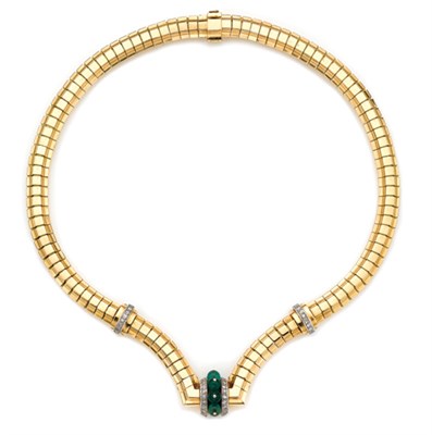 Lot 492 - Gold, Platinum, Dyed Green Chalcedony Bead and Diamond Necklace