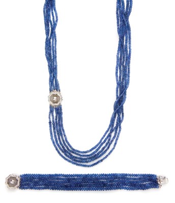 Lot 63 - Five Strand Sapphire Bead Necklace and Bracelet with White Gold and Diamond Clasps