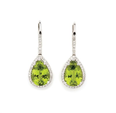 Lot 293 - Pair of Peridot and Diamond Pendant-Earrings