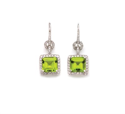 Lot 231 - Pair of Peridot and Diamond Pendant-Earrings