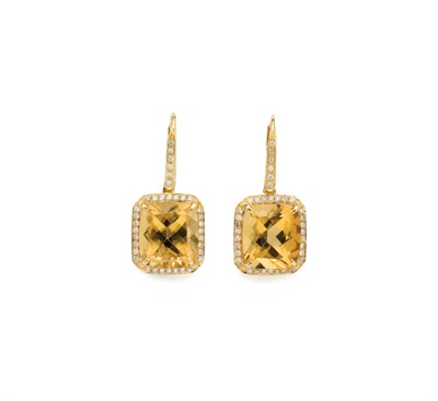 Lot 291 - Pair of Gold, Yellow Beryl and Diamond Pendant-Earrings