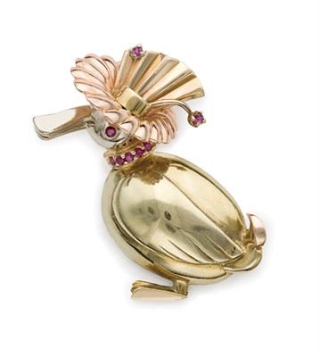 Lot 351 - Tricolor Gold and Ruby Duck Pendant-Brooch