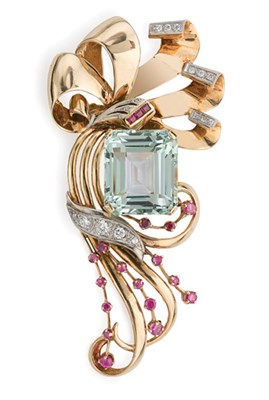Lot 193 - Gold, Aquamarine, Ruby and Diamond Clip-Brooch