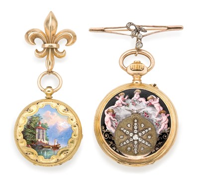 Lot 54 - Two Antique Gold, Enamel and Diamond Lapel Watches