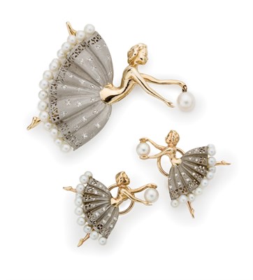 Lot 51 - Two-Color Gold, Cultured Pearl and Diamond Ballerina Brooch and Pair of Earclips