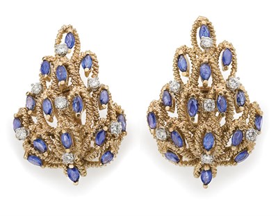 Lot 242 - Pair of Gold, Sapphire and Diamond Leaf Earclips
