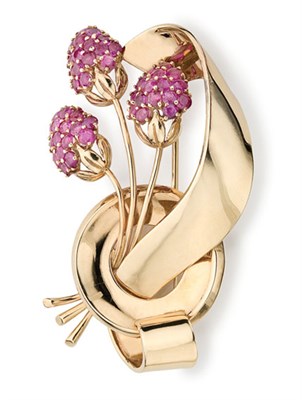 Lot 28 - Gold and Ruby Bow Brooch