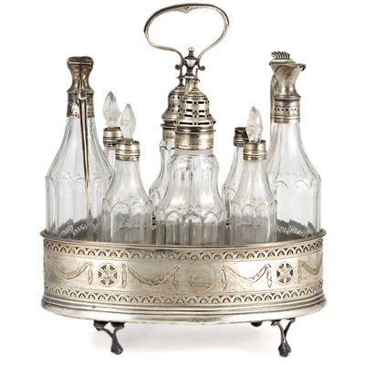 Lot 243 - George III Silver and Cut Glass Cruet Set...