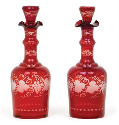 Lot 3548 - Pair of Grape and Vine Etched Ruby Glass...
