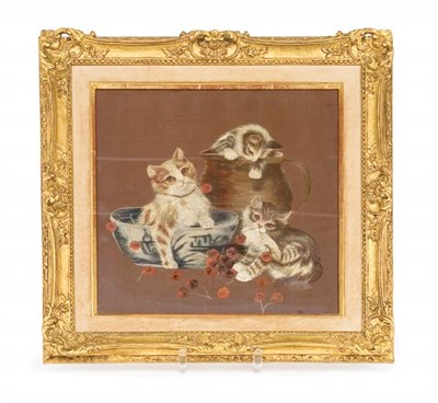 Lot 3675 - Framed Silk Woven Picture of Three Kittens at...