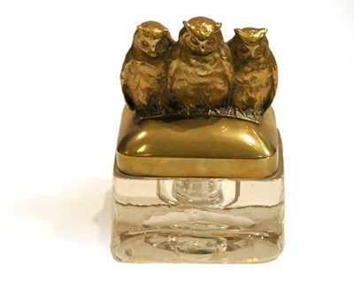 Lot 3596 - Brass and Glass Owl Decorated Inkstand Height...