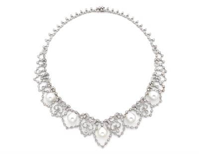 Lot 394 - White Gold, Diamond and Cultured Pearl Necklace
