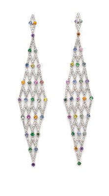 Lot 396 - Pair of Diamond and Multi-Colored Sapphire Pendant-Earrings
