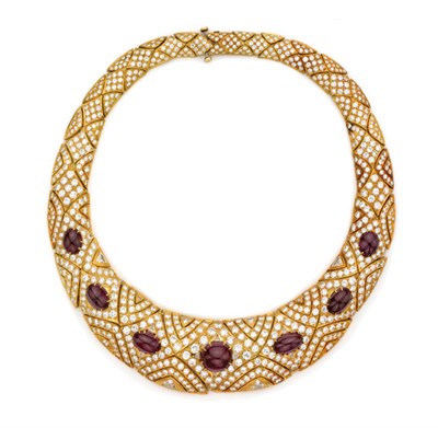 Lot 389 - Gold, Diamond and Cabochon Ruby Necklace
