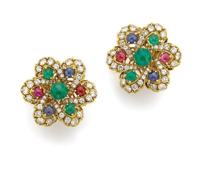 Lot 387 - Pair of Gold, Diamond and Cabochon Colored Stone Earclips