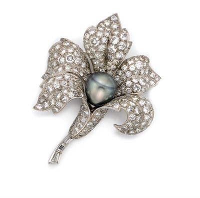 Lot 435 - Diamond and Gray Cultured Pearl Flower Brooch