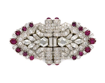 Lot 522 - Art Deco Ruby and Diamond Double-Clip Brooch
