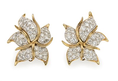 Lot 312 - Pair of Two-Color Gold and Diamond Flower Earclips
