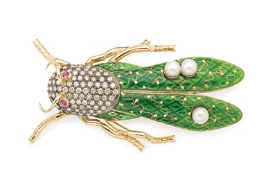Lot 59 - Gold, Silver, Diamond, Green Enamel and Cultured Pearl Grasshopper Brooch