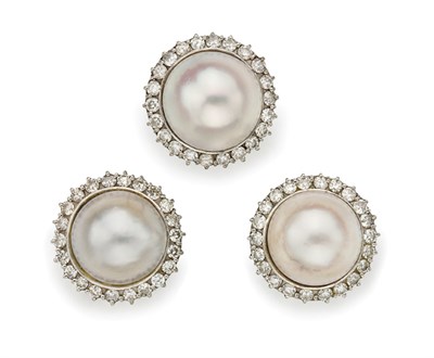 Lot 52 - Pair of Mabe Pearl and Diamond Earclips and Ring