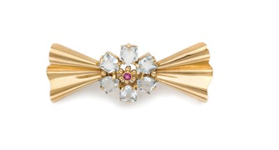 Lot 191 - Gold, Aquamarine and Ruby Bow Brooch, Tiffany & Co.
