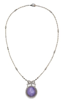 Lot 320 - Edwardian Purple Star Sapphire and Diamond Pendant with Platinum, Seed Pearl and Diamond Chain