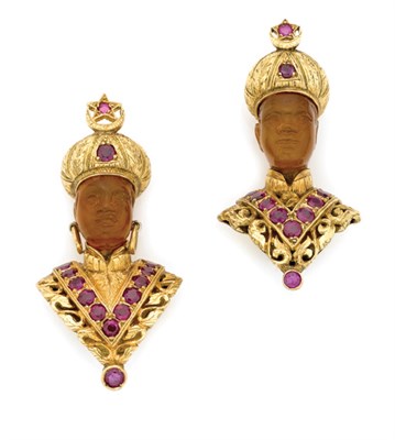 Lot 500 - Pair of Gold, Carved Amber and Ruby Blackamoor Clips, Nardi
