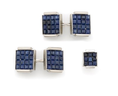 Lot 347 - Pair of Platinum and Sapphire Cufflinks and Tie Tac, Oscar Heyman Bros.