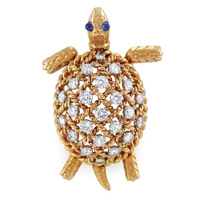 Lot 502 - Gold, Diamond and Cabochon Sapphire Turtle Clip-Brooch, Cartier